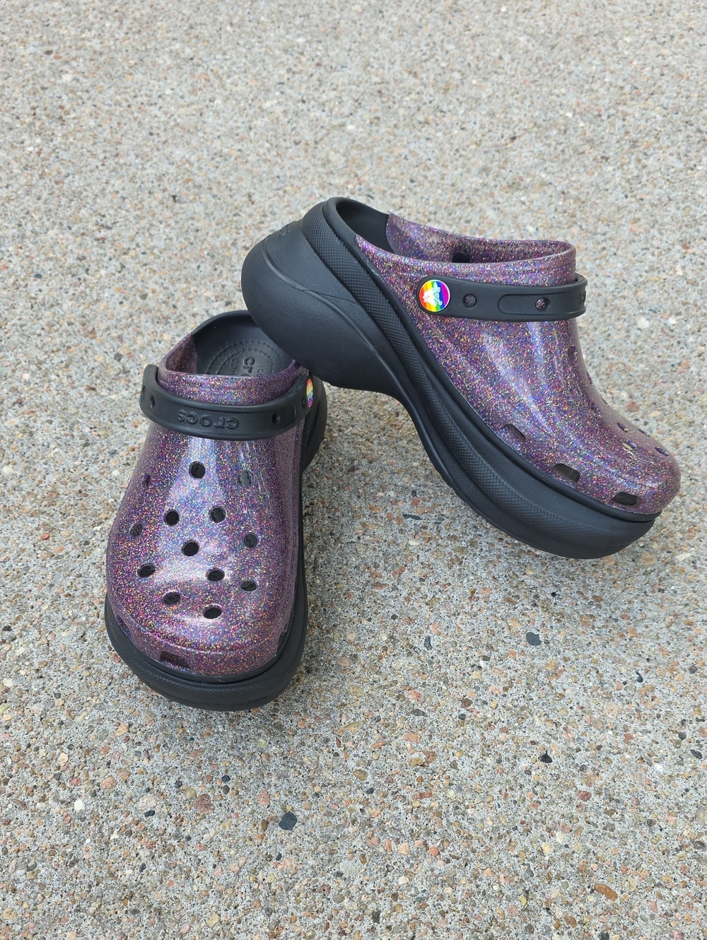 Crocs Classic Bae Chunky Platform Multi Glitter Translucent Clogs Pride Edition